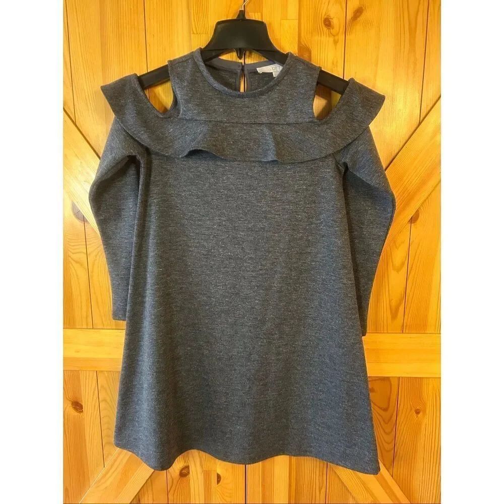 Loft Cold Shoulder Long Sleeve Charcoal Sweater Dress Ruffle Accents Size XS (57